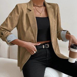 KHAKI TEXTURED ROLL TAB SLEEVE BLAZER CHIC CLASSY BUSINESS CASUAL FALL WINTER